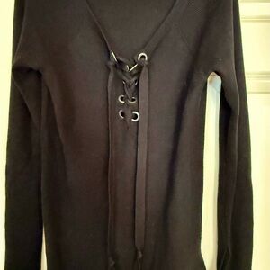 Elegant Black Lace-Up V-Neck Sweater